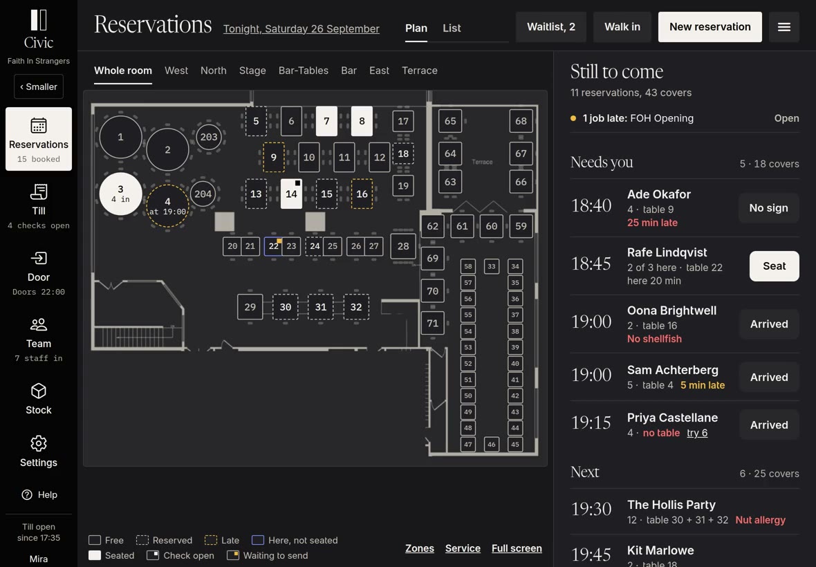 Floor on an iPad: tonight's reservations on the plan of the room
