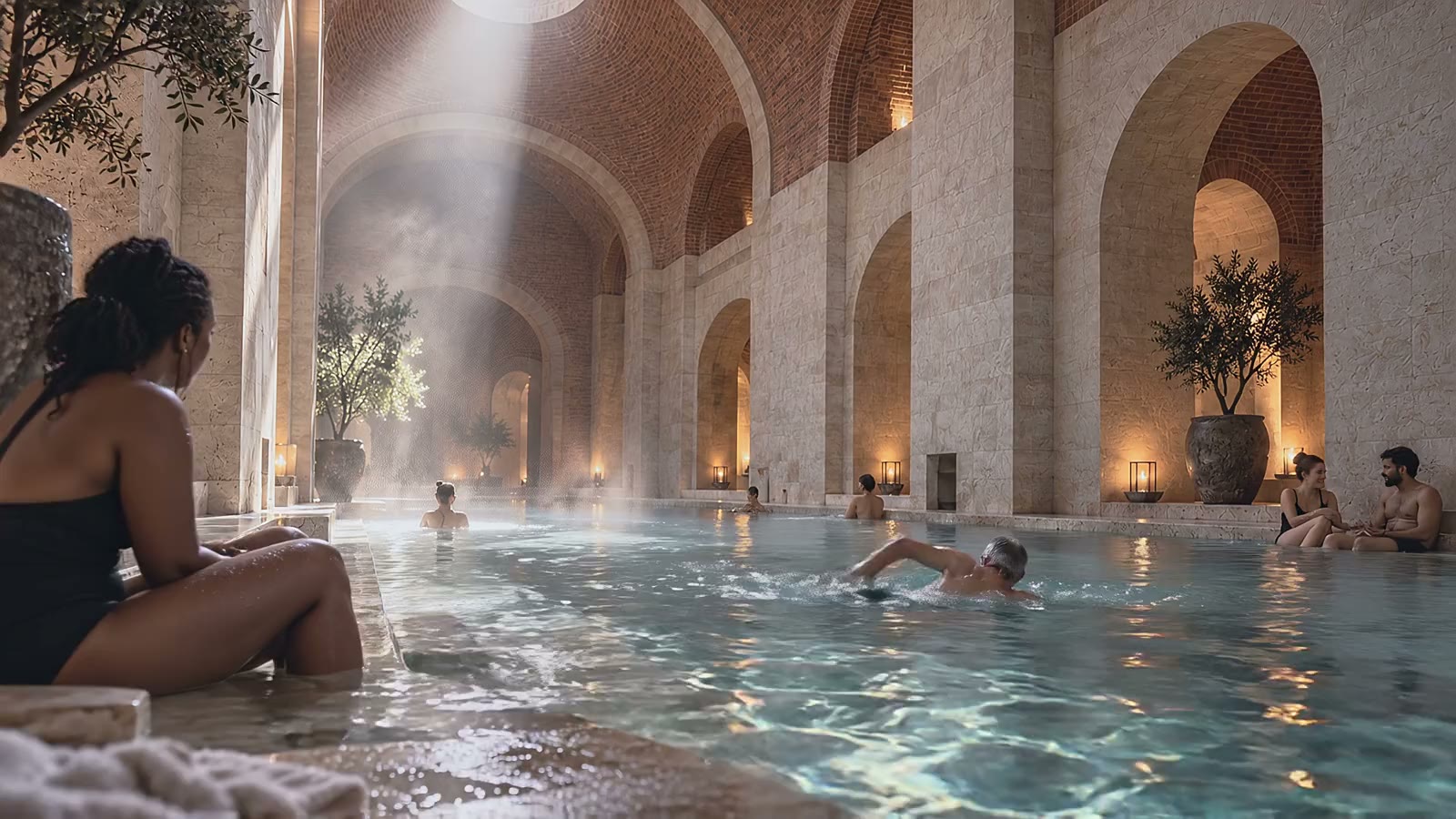 The thermal baths in the vaults: a long warm pool under brick arches, light falling into the steam