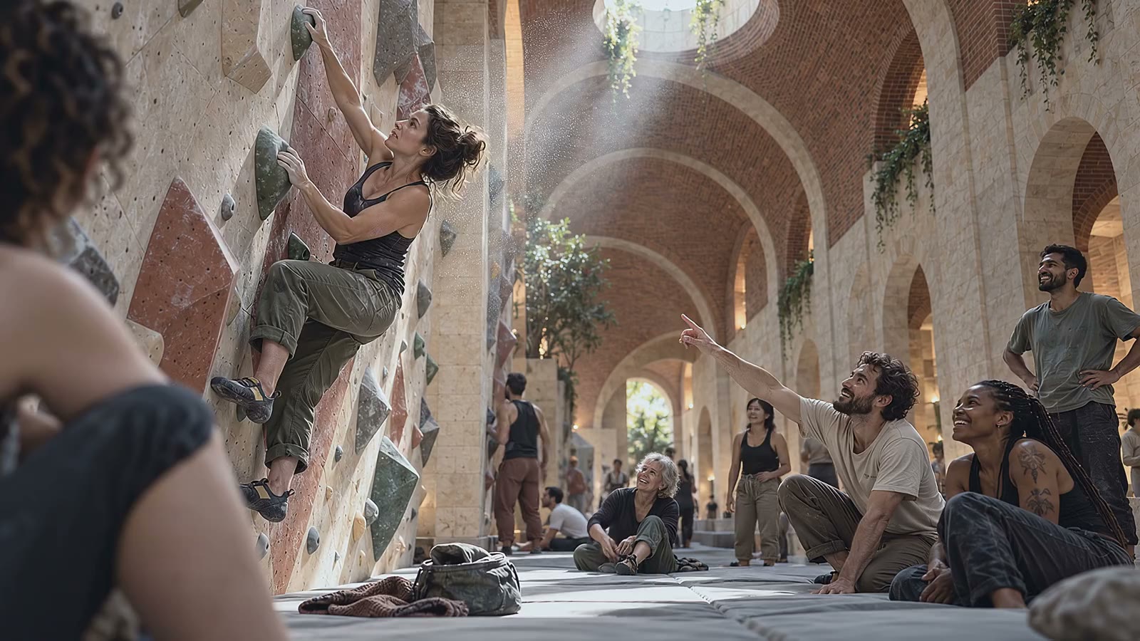 A climber on a tall stone wall inside the vaulted hall, friends watching from the floor