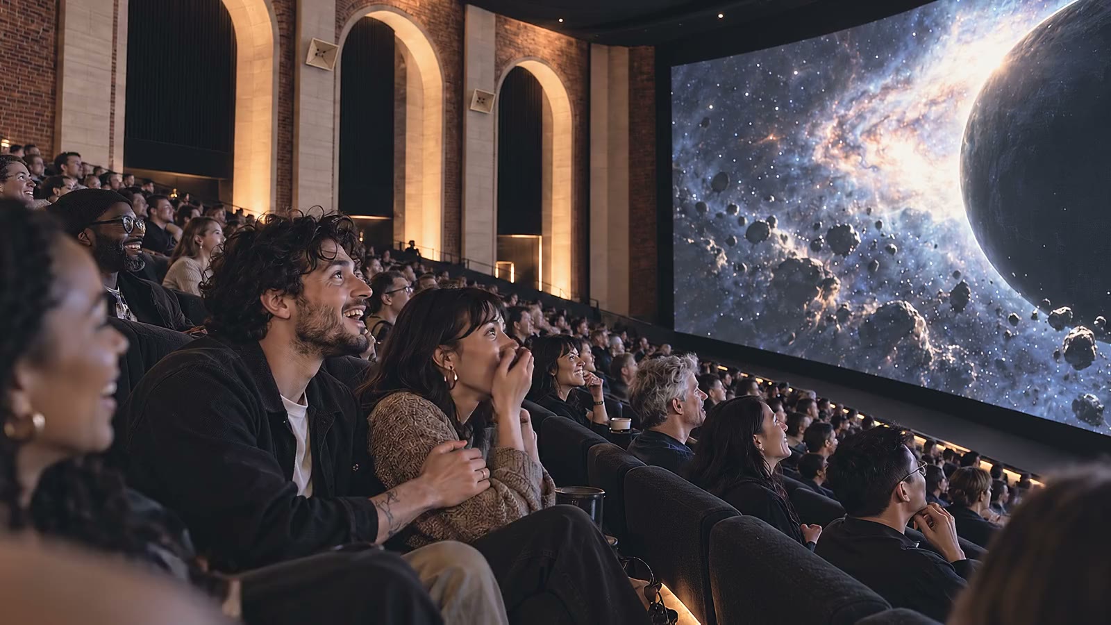 A cinema audience laughing together at a huge curved screen