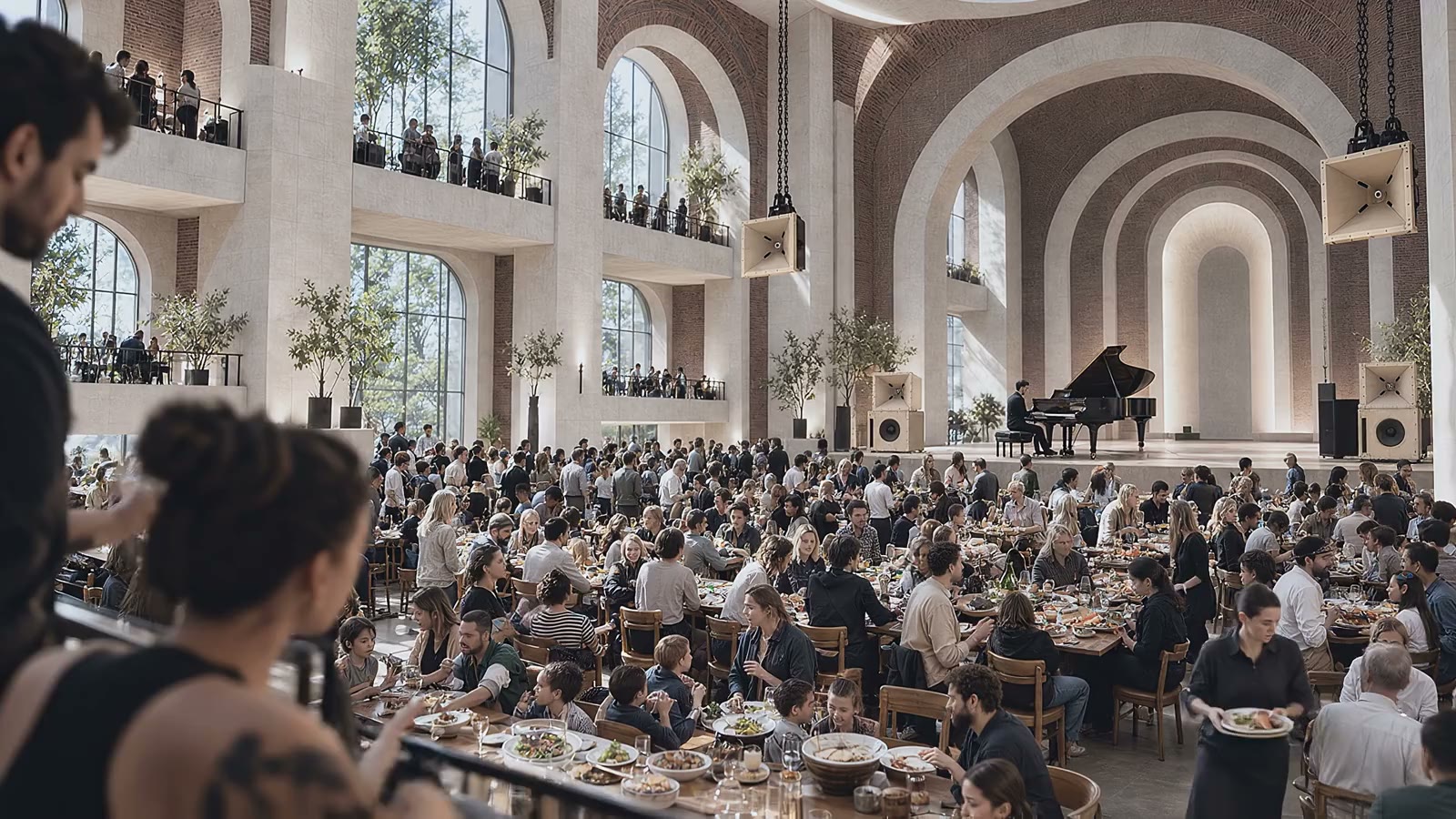 The grand hall at lunch: long tables in the light, a piano on the stage
