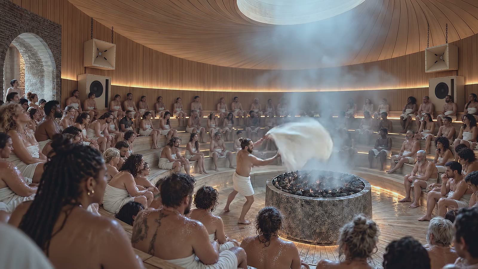 The great sauna: tiered benches in the round, the sauna master driving the heat with a towel