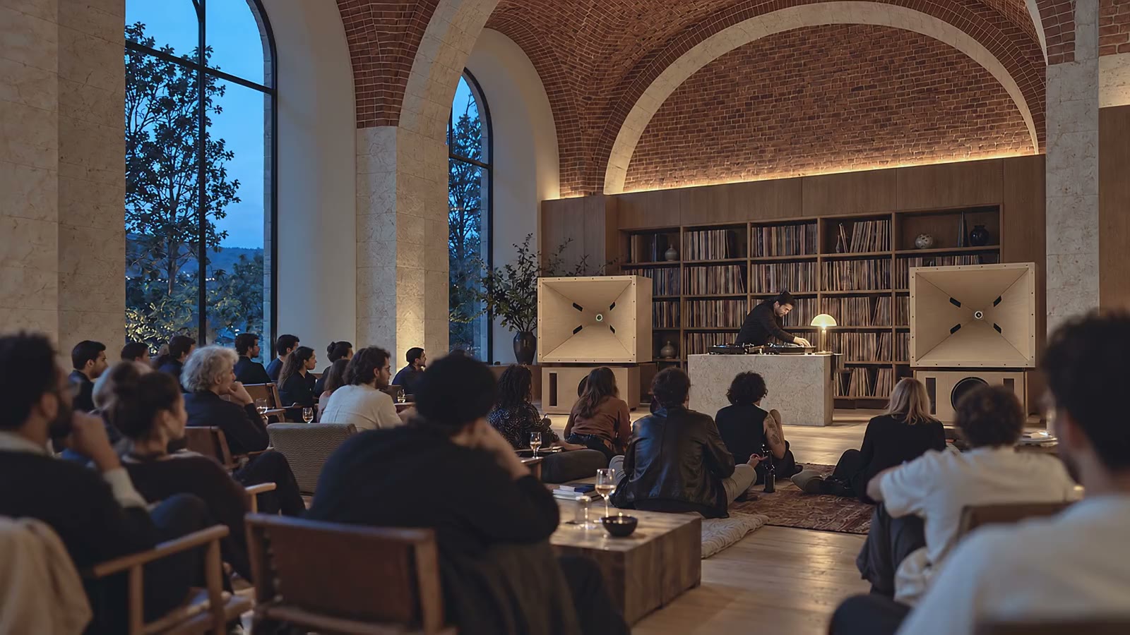 The listening bar at night: horns built for the room, a DJ at the decks, guests in deep chairs