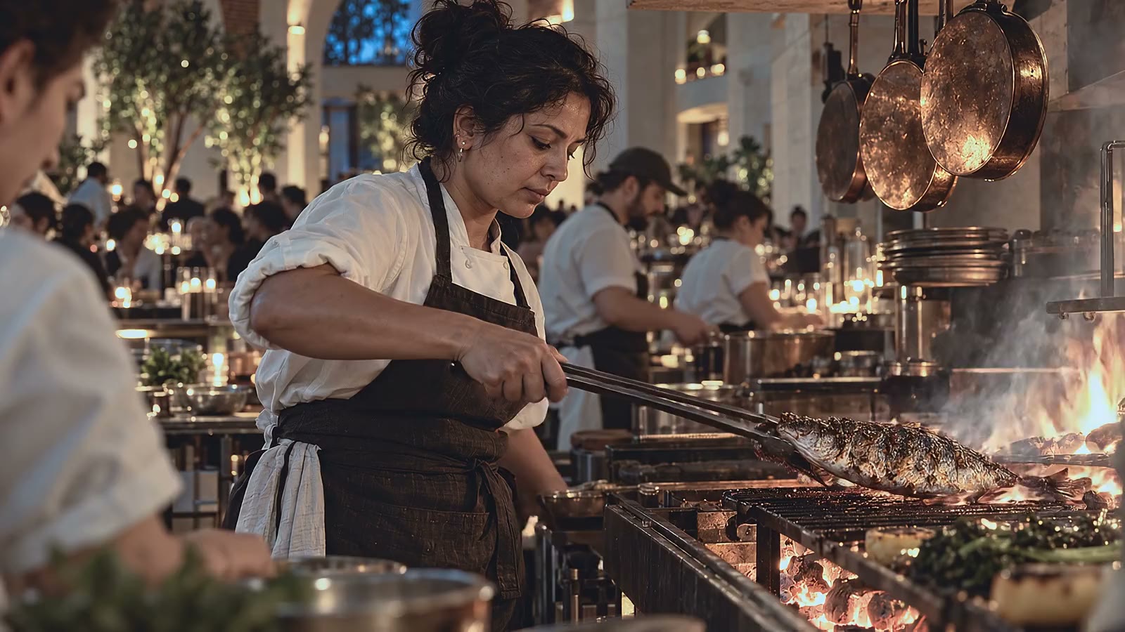 The open kitchen: a chef turning fish over the coals, the hall full behind her