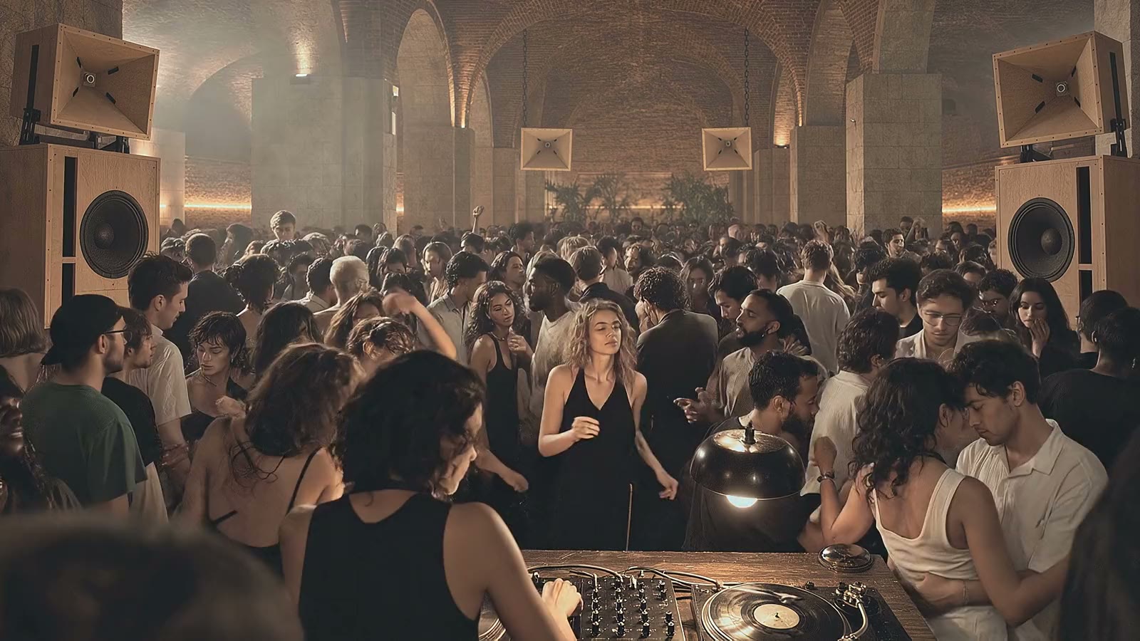 The auditorium as a club: horn stacks either side, the DJ on the floor among a full crowd